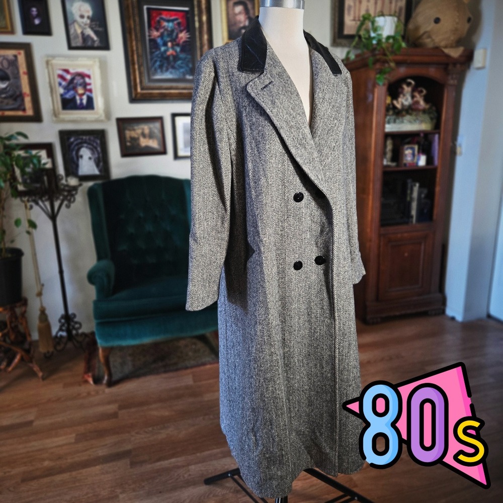 Miss Abbmoor Herringbone Wool Coat Vintage 80s Grey Leather Collar Long USA L‎